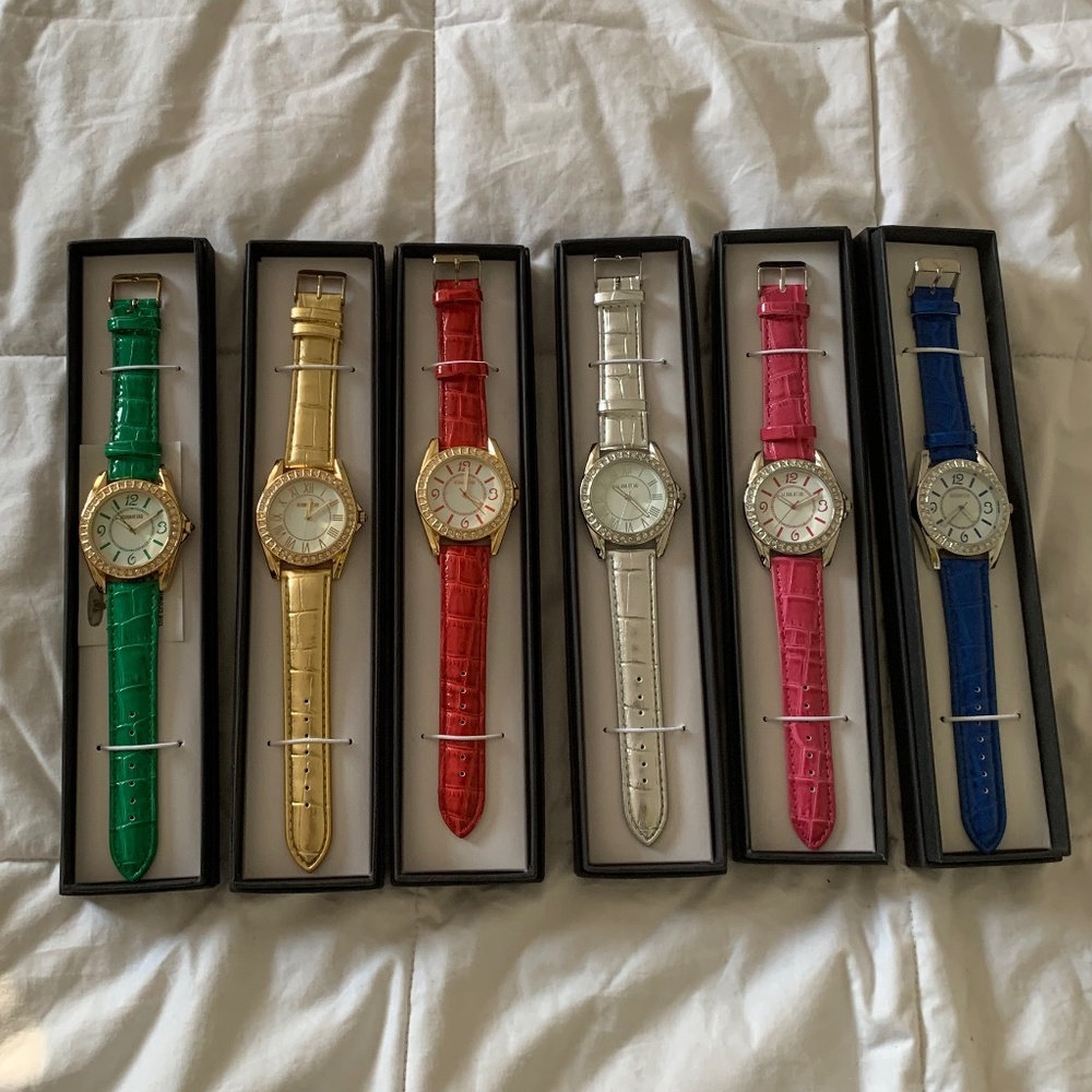 NWT Manhattan by Crotan Quartz Watches, Leather bands, Set of 6, 5 w/stops